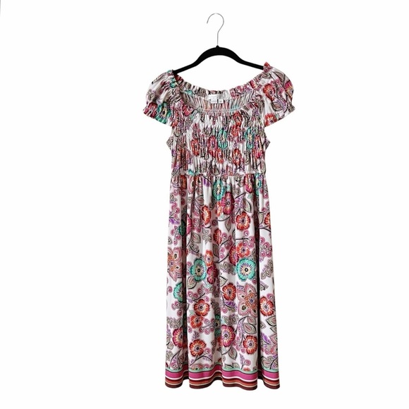 London Times Dress Women's Size 4 Multicolor Paisley Smocked Fit Flare Short Slv - Picture 2 of 6